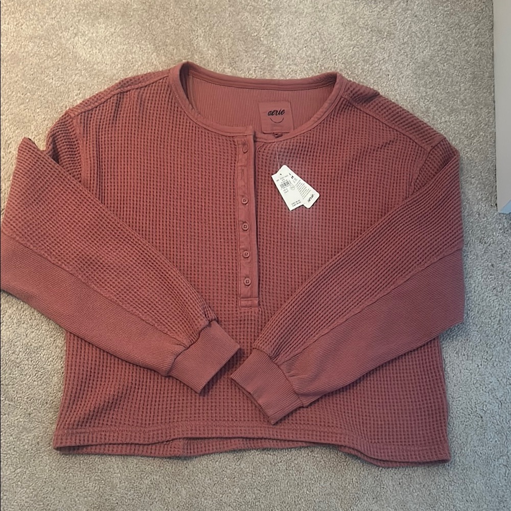 Aerie Rust Button Down Waffle Knit Top